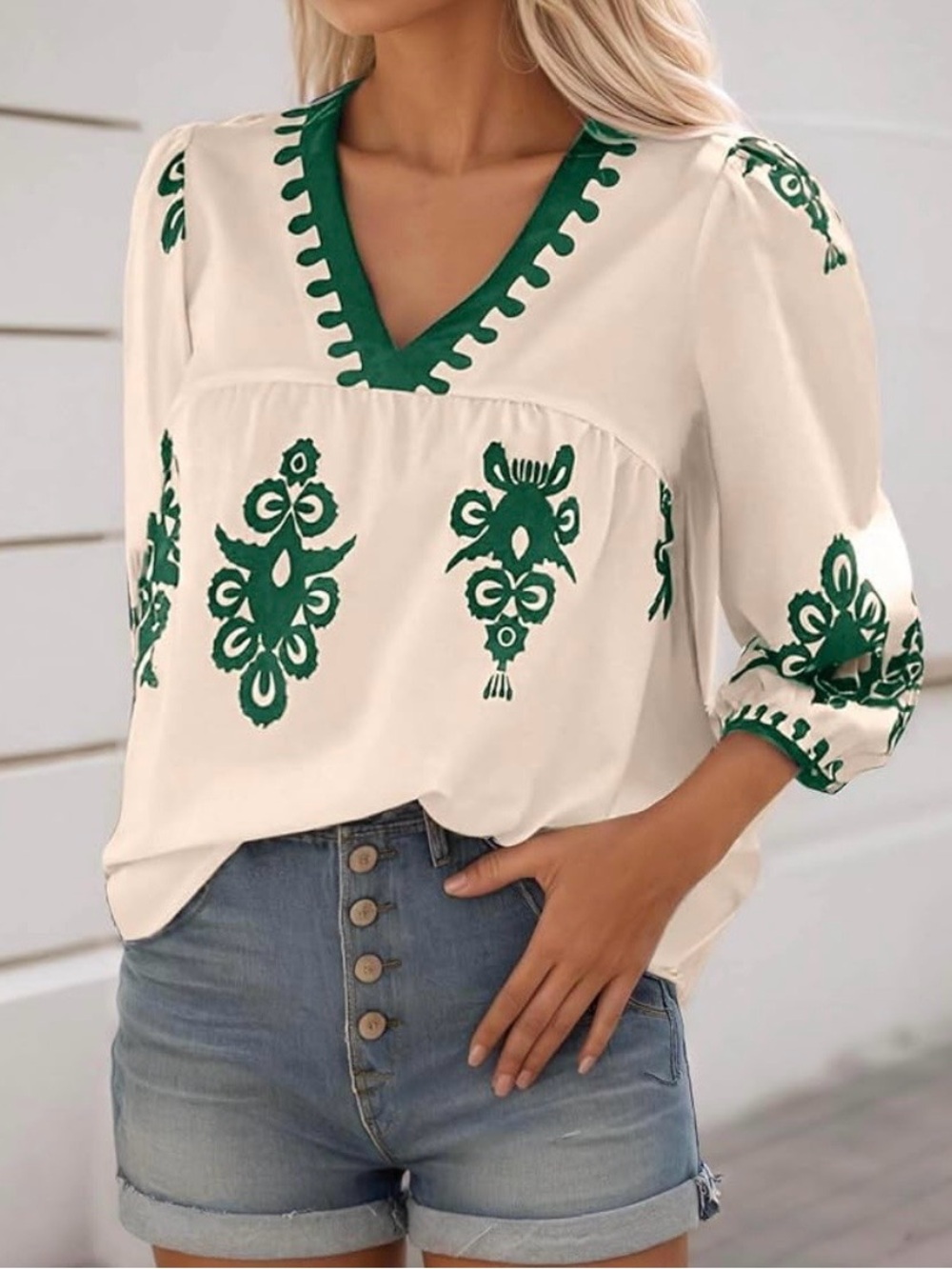 V-Neck Boho Top in Cream with Green Accents